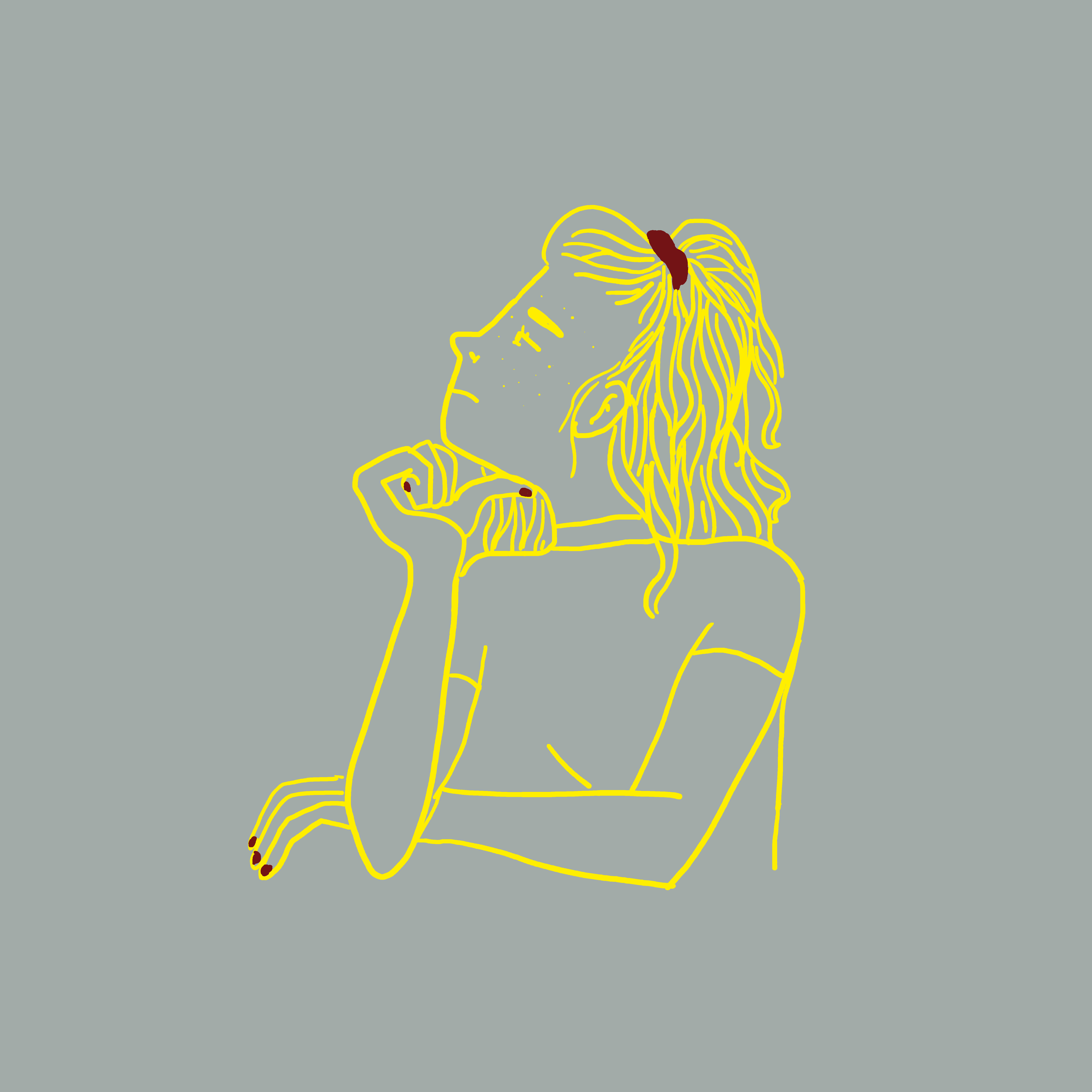 femme blonde avec un chouchou rouge de profil tenant son menton, fond gris